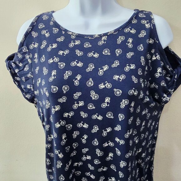 W5 ✦ Womens Navy Cold Shoulder Top S ✦ Rayon Bicycle Print Casual Pullover - Picture 7 of 11